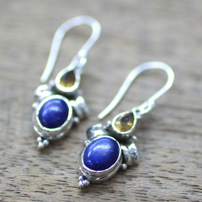 Citrine and lapis lazuli dangle earrings, 'Indian Fog' - Citrine Lapis Lazuli Dangle Earrings from India