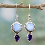 Amethyst and rainbow moonstone dangle earrings, 'Indian Rain' - Amethyst Rainbow Moonstone Dangle Earrings from India