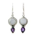 Amethyst and rainbow moonstone dangle earrings, 'Indian Rain' - Amethyst Rainbow Moonstone Dangle Earrings from India