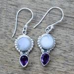 Amethyst and rainbow moonstone dangle earrings, 'Indian Rain' - Amethyst Rainbow Moonstone Dangle Earrings from India