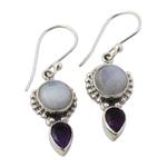 Amethyst and rainbow moonstone dangle earrings, 'Indian Rain' - Amethyst Rainbow Moonstone Dangle Earrings from India