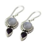 Amethyst and rainbow moonstone dangle earrings, 'Indian Rain' - Amethyst Rainbow Moonstone Dangle Earrings from India