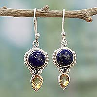 Citrine and lapis lazuli dangle earrings, 'Indian Dew'