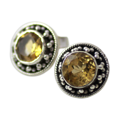 Citrine button earrings, 'Indian Elegance in Yellow' - Hand Made Faceted Citrine Button Earrings from India