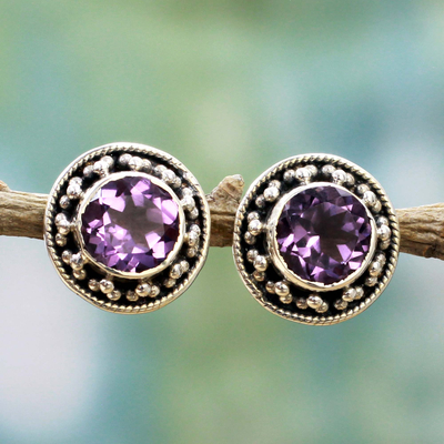 Amethyst button earrings, 'Indian Elegance in Purple' - Hand Made Faceted Amethyst Button Earrings from India