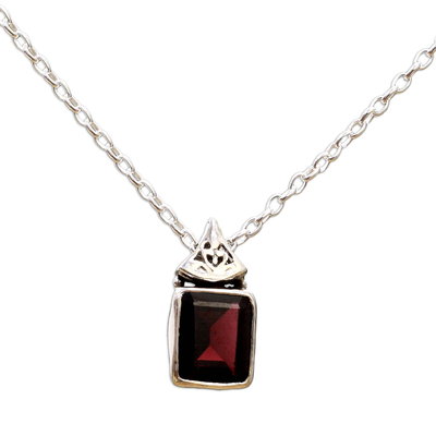 Garnet pendant necklace, 'Indian Grace in Red' - Hand Made Faceted Garnet Pendant Necklace from India