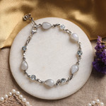 Rainbow moonstone and blue topaz link bracelet, 'Misty Sky' - Blue Topaz and Rainbow Moonstone Gemstone Station Bracelet