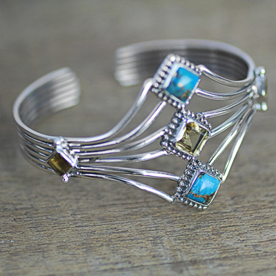 Citrine cuff bracelet, 'Sunny Allure' - Composite Turquoise and Citrine Cuff Bracelet from India