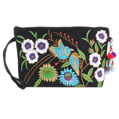 Cotton wristlet handbag, 'Garden View' - Rayon Embroidered Cotton Wristlet Floral Birds from India