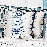 Embroidered cushion covers, 'Blue Waves' (pair) - Pair of Polyester Cushion Covers with Calming Wave Design