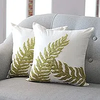 Embroidered pillow covers, 'Garden Comfort' (pair) - 100% Polyester Indian Leaf Embroidery Pillow Covers (Pair)