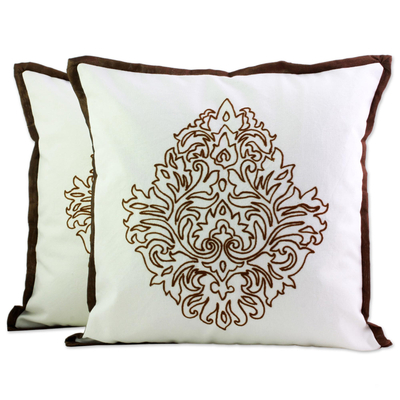 Cotton cushion covers, 'Copper Beauty' (pair) - Acrylic Embroidered Cotton Cushion Covers (Pair) from India