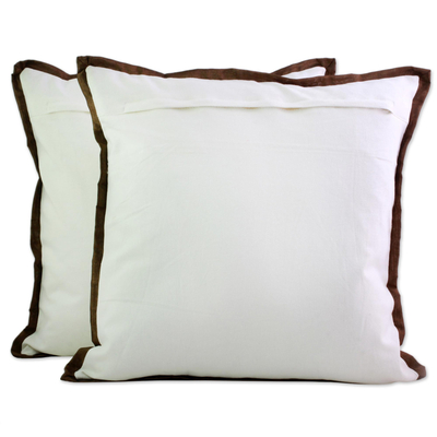 Cotton cushion covers, 'Copper Beauty' (pair) - Acrylic Embroidered Cotton Cushion Covers (Pair) from India