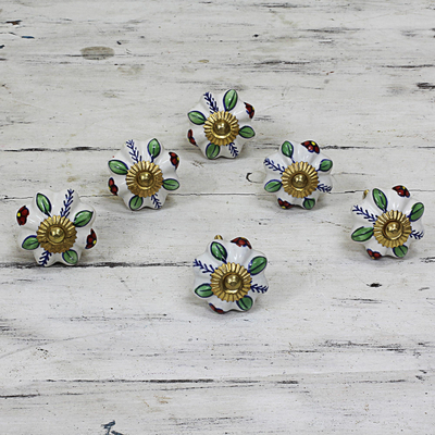 Ceramic cabinet knobs, 'Garden Glamour' (set of 6) - Ceramic Cabinet Knobs Floral Multicolored (Set of 6) India