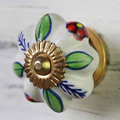 Ceramic cabinet knobs, 'Garden Glamour' (set of 6) - Ceramic Cabinet Knobs Floral Multicolored (Set of 6) India