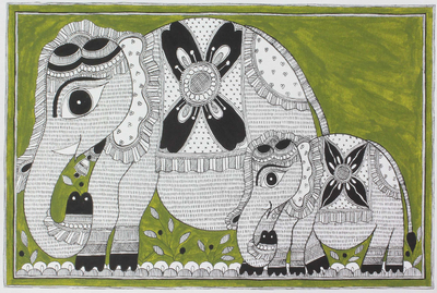 Signed Madhubani Painting of Mother and Baby Elephant