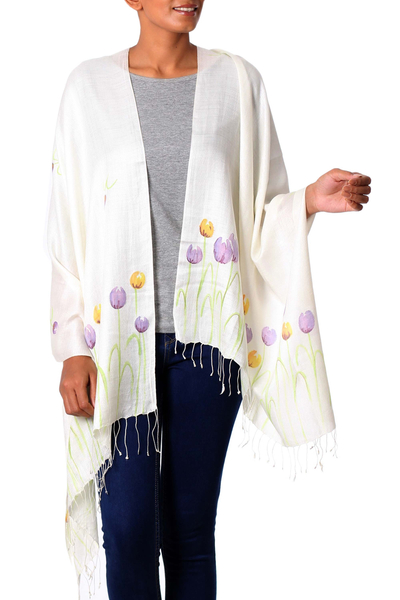 Silk blend shawl, 'Tulip Blossoms' - Hand Painted Viscose Silk Blend Shawl Tulip Blossom India