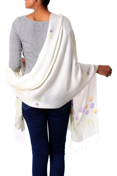 Silk blend shawl, 'Tulip Blossoms' - Hand Painted Viscose Silk Blend Shawl Tulip Blossom India
