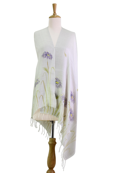 Schal aus Seidenmischung - Handbemalter Schal aus Seidenmischung, lila Primelblüten, Indien