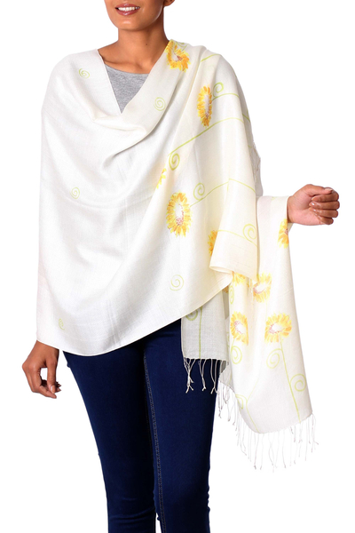 Hand Painted Silk Blend Shawl Daisy Blossom from India
