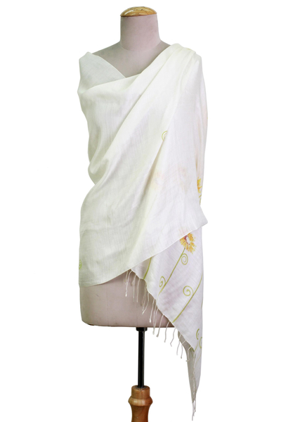 Silk blend shawl, 'Golden Daisy Blossoms' - Hand Painted Silk Blend Shawl Daisy Blossom from India