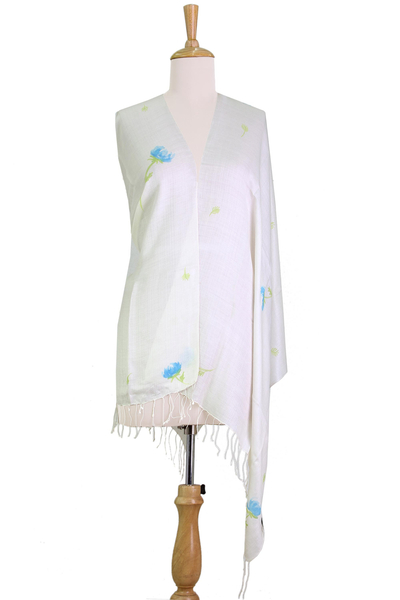 Silk blend shawl, 'Blue Primrose Blossoms' - Hand Painted Silk Blend Shawl Primrose Blossom from India