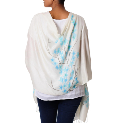 Silk blend shawl, 'Memories of Spring' - Hand Painted Silk Blend Shawl Blue Floral Blossom India