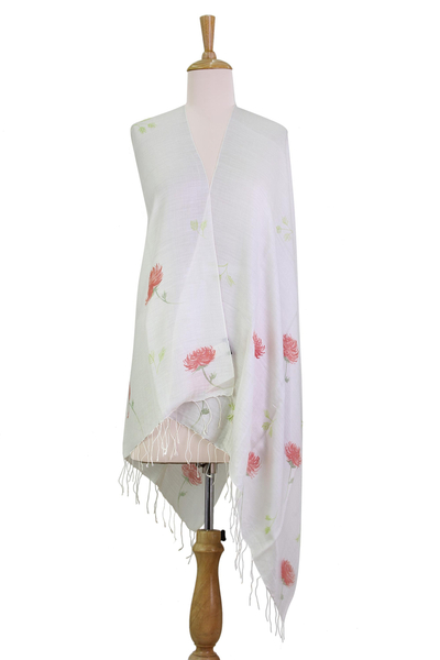 Silk blend shawl, 'Majestic Spider Mums' - Hand Painted Silk Blend Shawl Mum Blossom from India