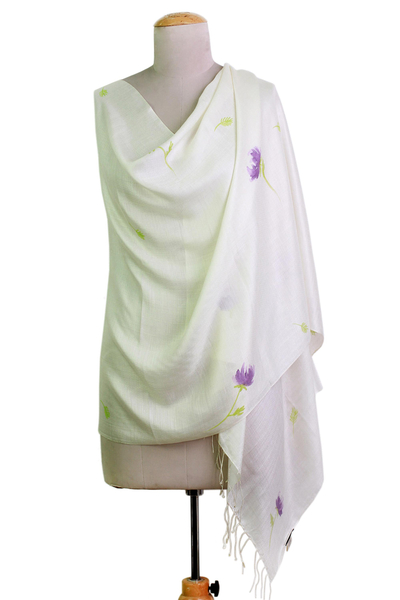 Silk blend shawl, 'The Valley of Flowers' - Hand Painted Silk Blend Shawl Purple Floral Blossom India
