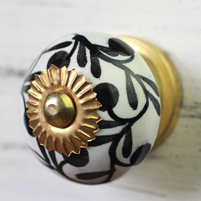 Ceramic cabinet knobs, 'Magical Blooms' (set of 6) - Ceramic Cabinet Knobs Floral White Black (Set of 6) India