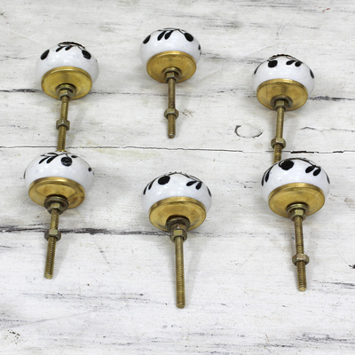 Ceramic cabinet knobs, 'Magical Blooms' (set of 6) - Ceramic Cabinet Knobs Floral White Black (Set of 6) India
