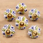 Ceramic cabinet knobs, 'Bright Sunshine' (set of 6) - Ceramic Cabinet Knobs Floral Yellow White (Set of 6) India