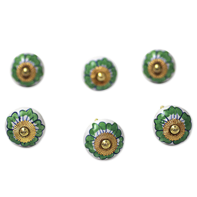 Ceramic cabinet knobs, 'Green Flowers' (set of 6) - Ceramic Cabinet Knobs Floral Green White (Set of 6) India
