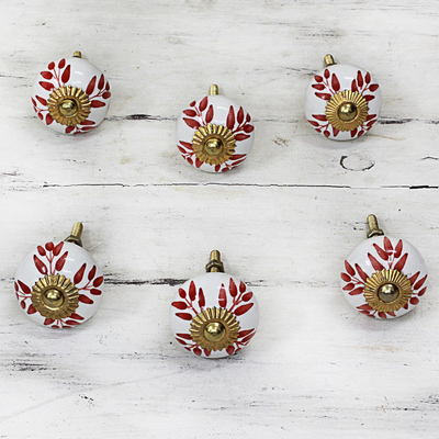 Ceramic cabinet knobs, 'Leafy Red' (set of 6) - Ceramic Cabinet Knobs Floral White Red (Set of 6) from India