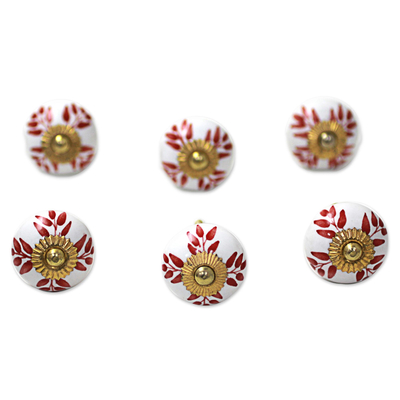 Ceramic cabinet knobs, 'Leafy Red' (set of 6) - Ceramic Cabinet Knobs Floral White Red (Set of 6) from India