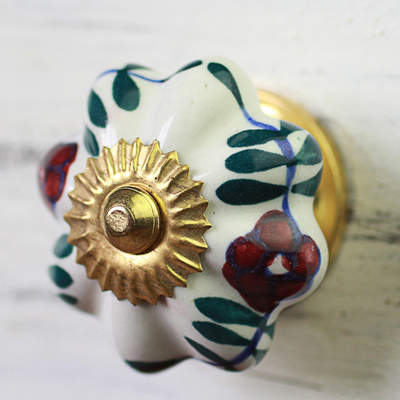 Ceramic cabinet knobs, 'Floral Sunshine' (set of 6) - Ceramic Cabinet Knobs Floral White (Set of 6) from India