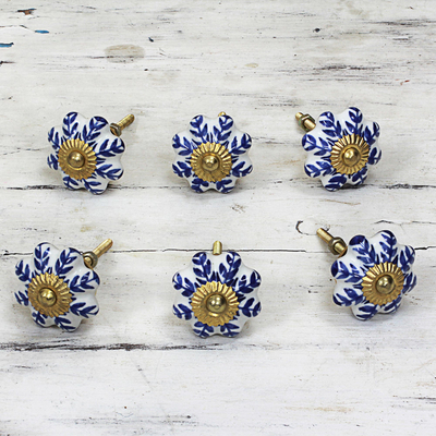 Ceramic cabinet knobs, Blue Sunshine (set of 6)