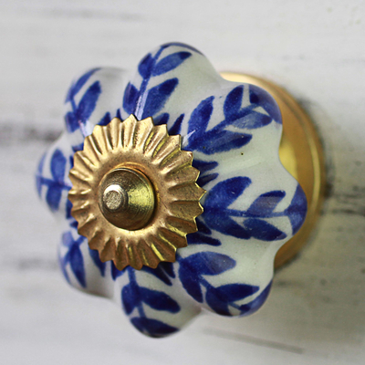 Ceramic cabinet knobs, 'Blue Sunshine' (set of 6) - Ceramic Cabinet Knobs Floral White Blue (Set of 6) India