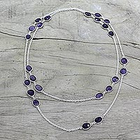 Amethyst long station necklace, 'Violet Princess' - Amethyst Sterling Silver Long Necklace Handmade in India