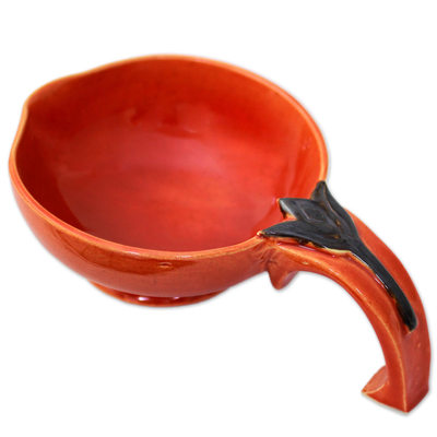 Cuenco de cerámica, 'Trishul' - Cuenco naranja grabado en cerámica esmaltada hecho a mano de la India