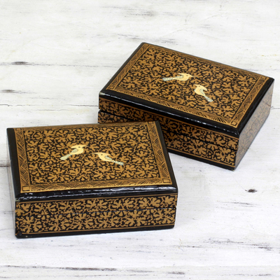 Wood decorative mini boxes, Avian Whispers in Gold (pair)