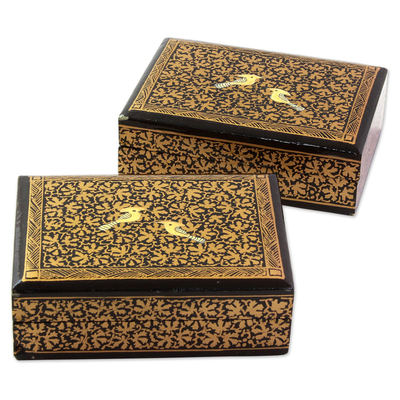 Wood decorative mini boxes, 'Avian Whispers in Gold' (pair) - Hand Painted Wood Mini Decorative Boxes (Pair) from India