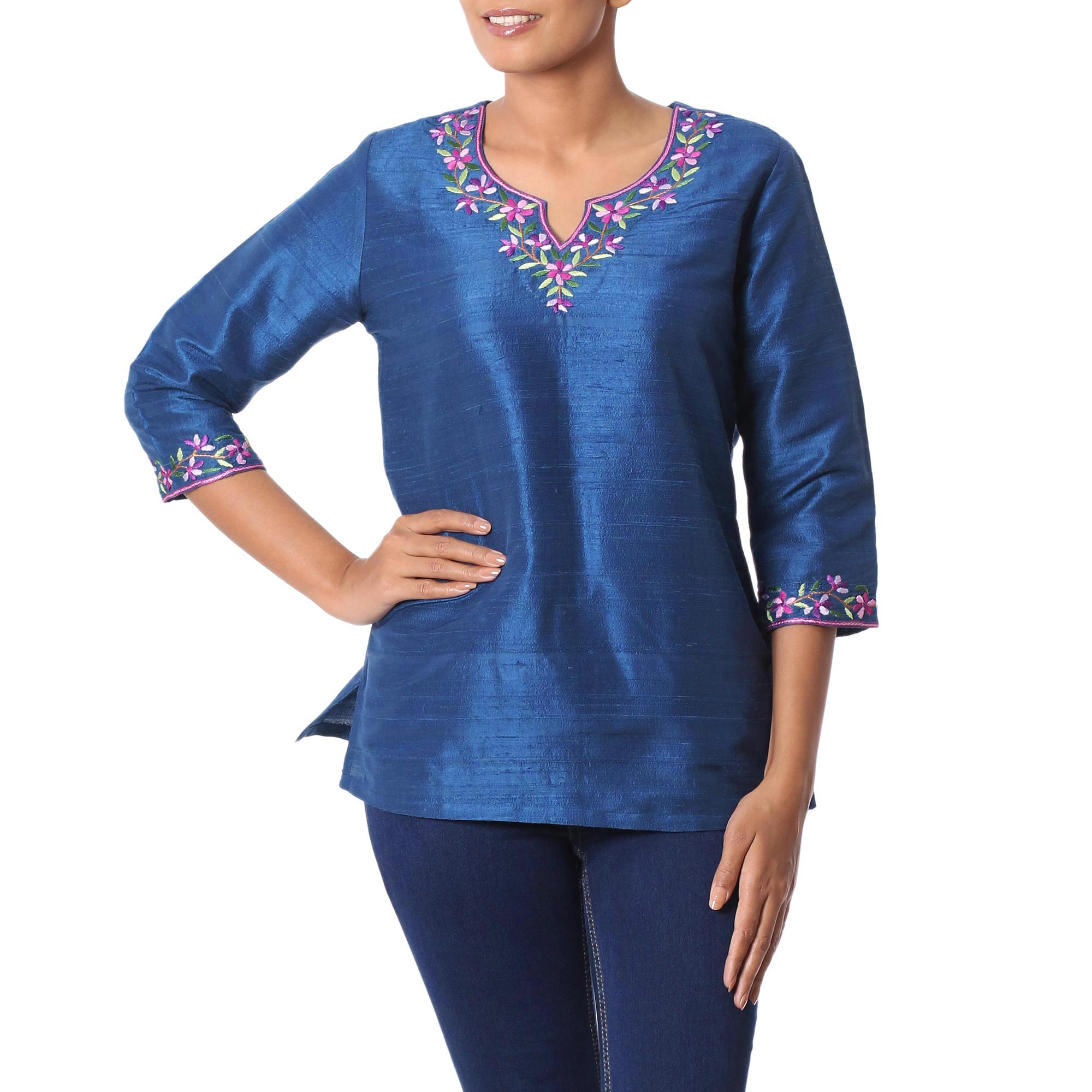 Hand Embroidered Handwoven Blue Silk Tunic From India Silk Allure Novica 4033