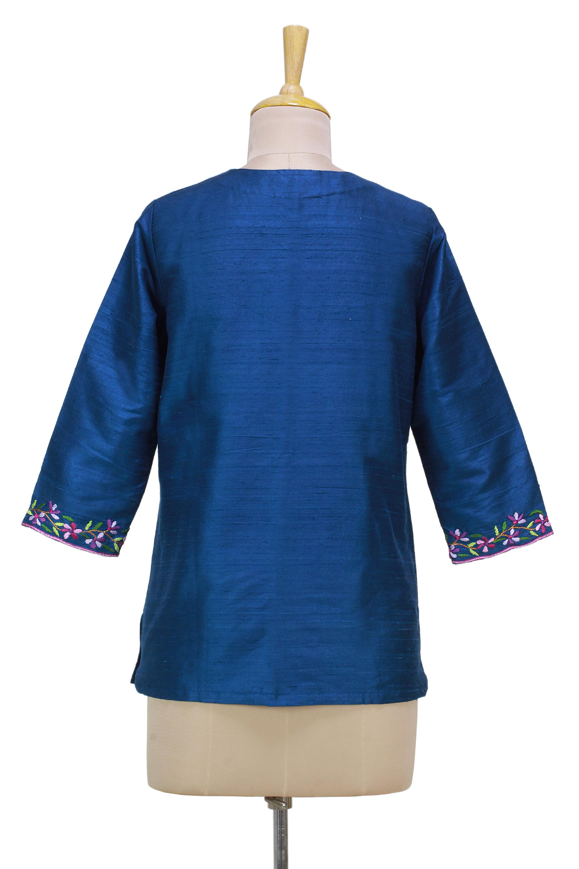 Hand Embroidered Handwoven Blue Silk Tunic from India - Silk Allure ...