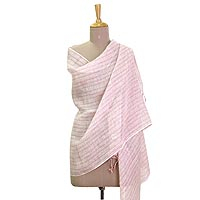 Linen shawl, 'Rosy Beauty' - Hand Woven Linen Shawl in Rose and Bisque from India