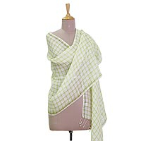 Linen shawl, 'Chartreuse Windowpane' - Hand Woven Linen Shawl in Chartreuse Snow White from India