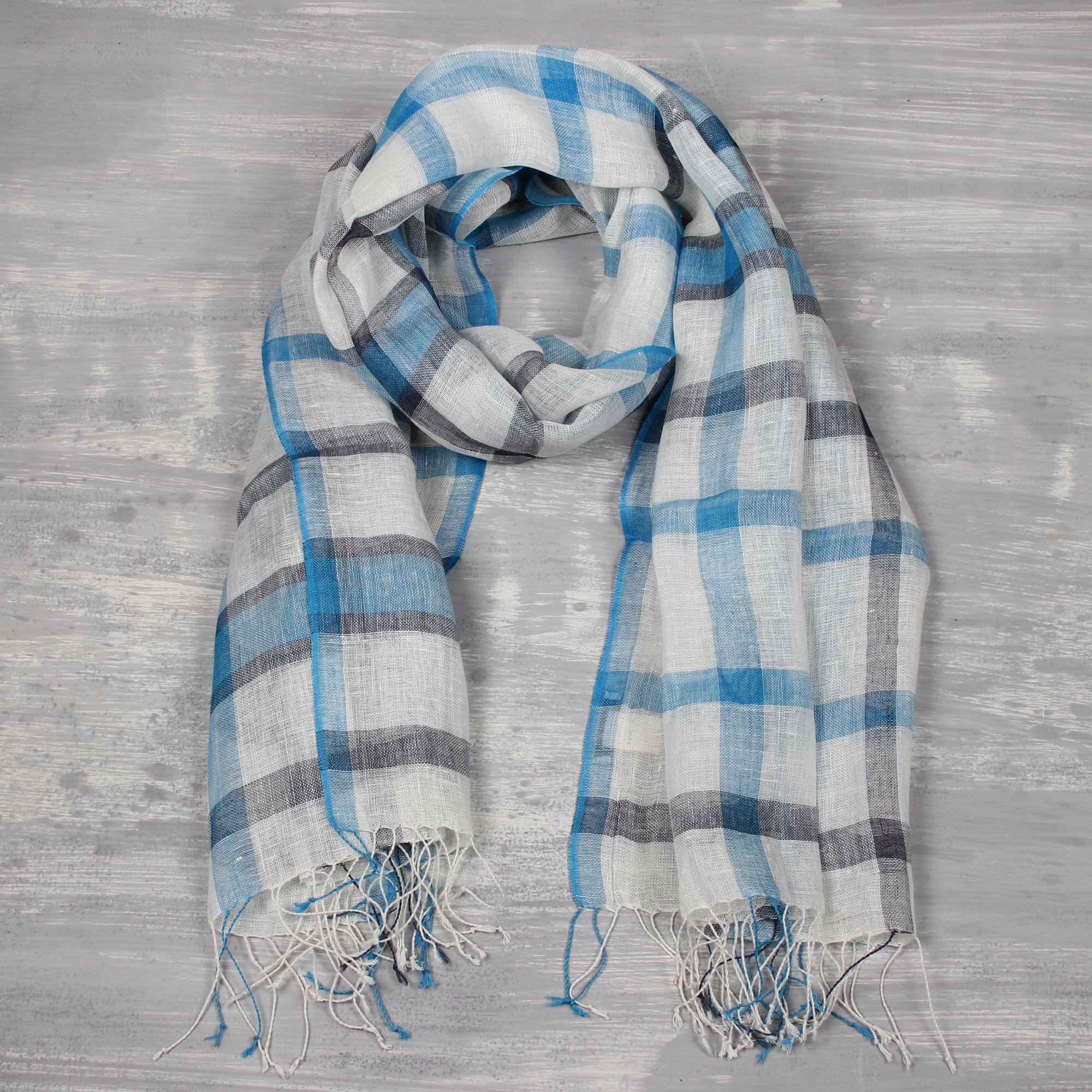 Hand Woven Linen Unisex Scarf Ivory Cerulean Midnight India - Dapper in ...