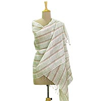 Linen shawl, 'Desert Stripes' - Hand Woven Linen Shawl with Stripes and Fringes from India
