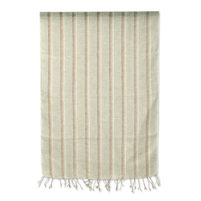 Linen shawl, 'Desert Stripes' - Hand Woven Linen Shawl with Stripes and Fringes from India