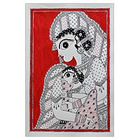Pintura Madhubani, 'Madre e Hijo' - Pintura Madhubani Madre e Hijo de la India Artesano